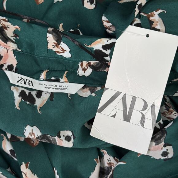 Zara Top Womens XL Dog Print Bow Button Blouse Novelty New Green Blogger Fave - Picture 3 of 13